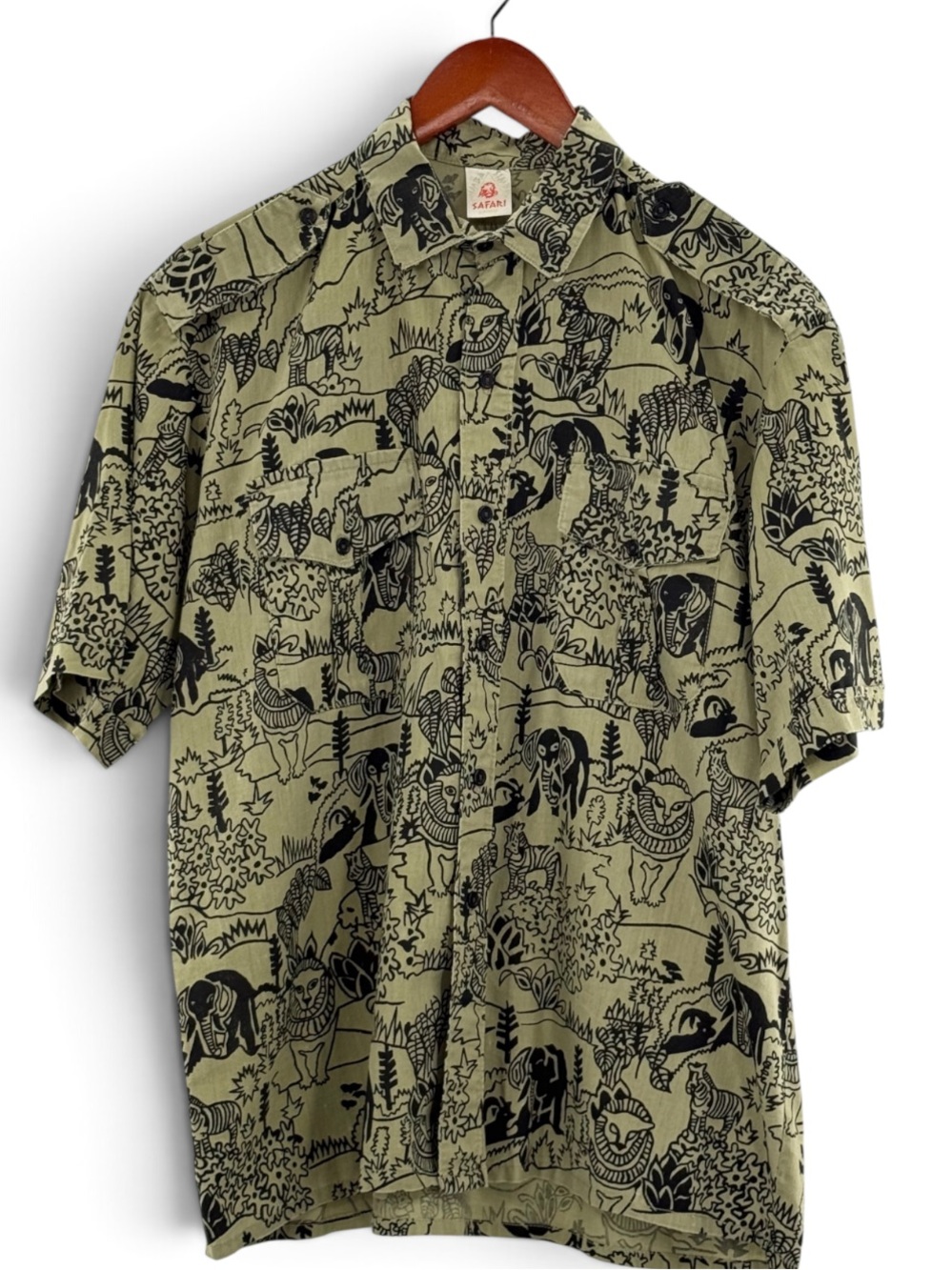 Safari Animal Print Button Down Shirt Elephant Zebra Lion Jungle Khaki Vintage